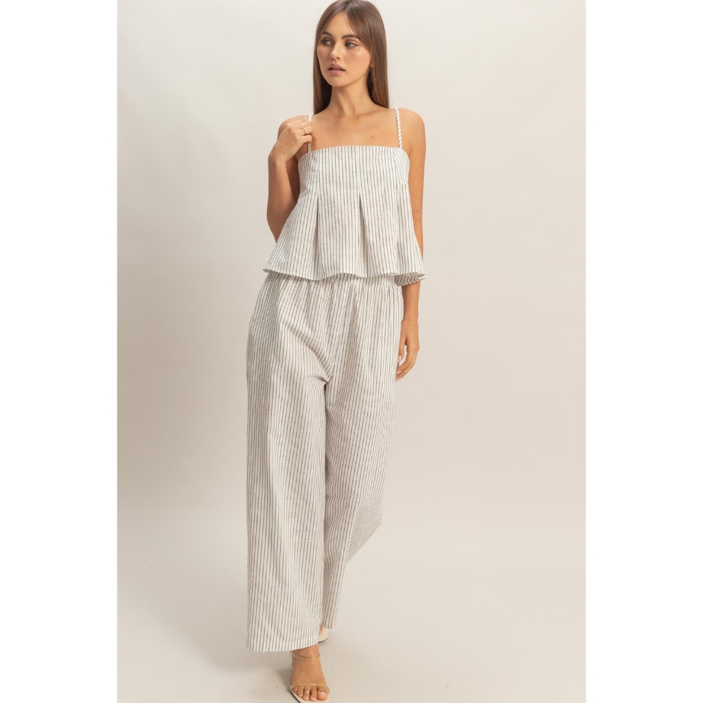 Hyfve Cream Pinstripe Cotton Linen Ruffle Cami & Wide Leg Pants 2-Piece Set